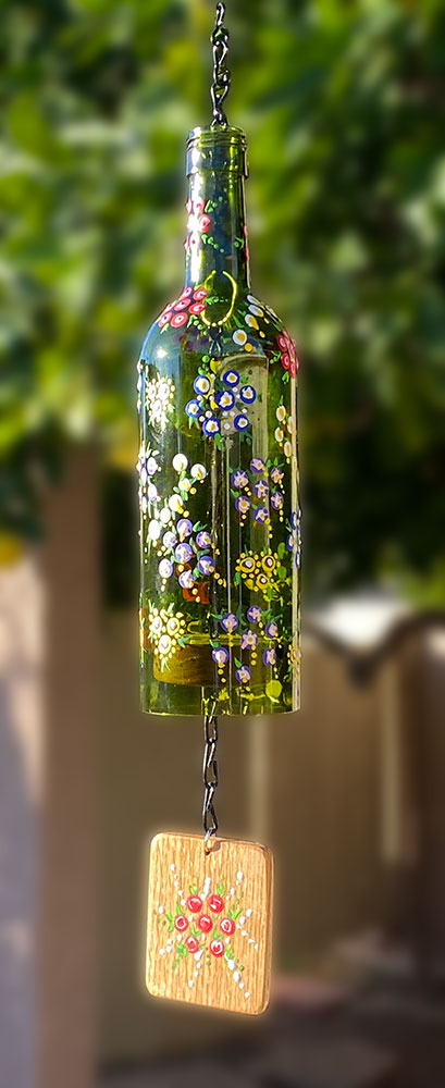 Spring Flowers Painted Glass Wine Bottle Wind Chime